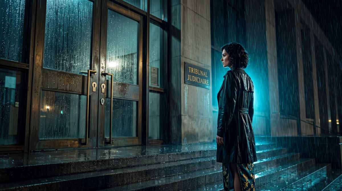 Intro image for the article, Judges Got a Sentencing Database – Measuring Judges Became a Crime. A woman stands on the steps of a French courthouse in the rain, locked out.